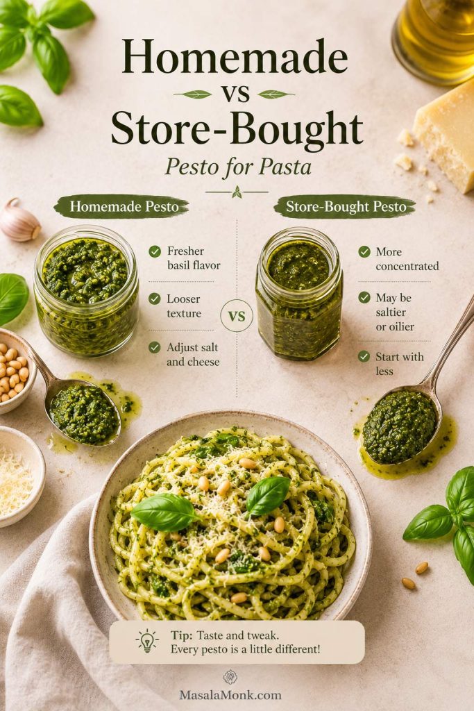 Homemade pesto and store-bought pesto compared beside pesto pasta and sauce ingredients