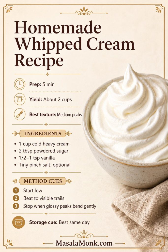 Saveable homemade whipped cream recipe card showing heavy cream, powdered sugar, vanilla, prep time, yield, and medium peak guidance.