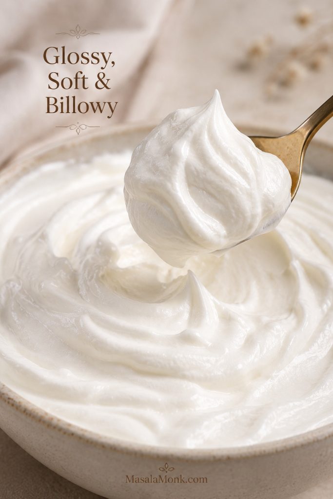 Close-up of glossy homemade whipped cream with soft folds and a spoon lifting a billowy mound.