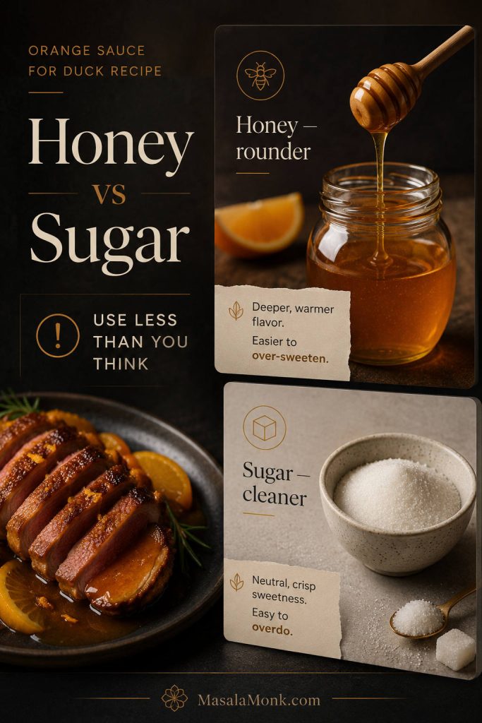 Honey and sugar comparison for sweetening orange sauce for duck