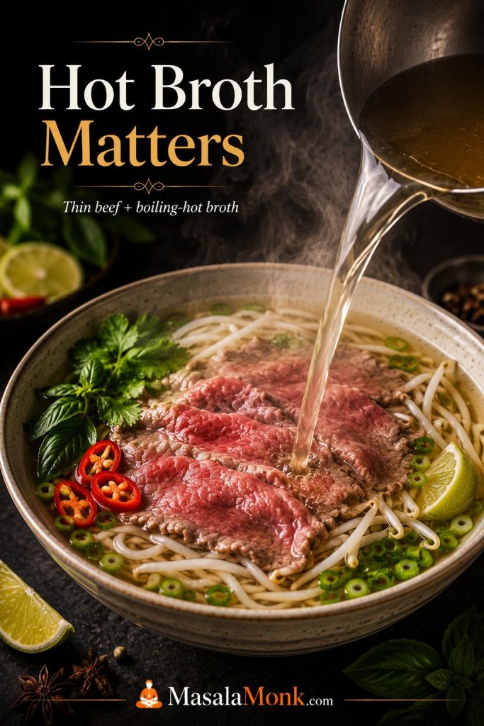 Very hot pho broth being poured over thin sliced beef, noodles, herbs, sprouts, lime, and chili.