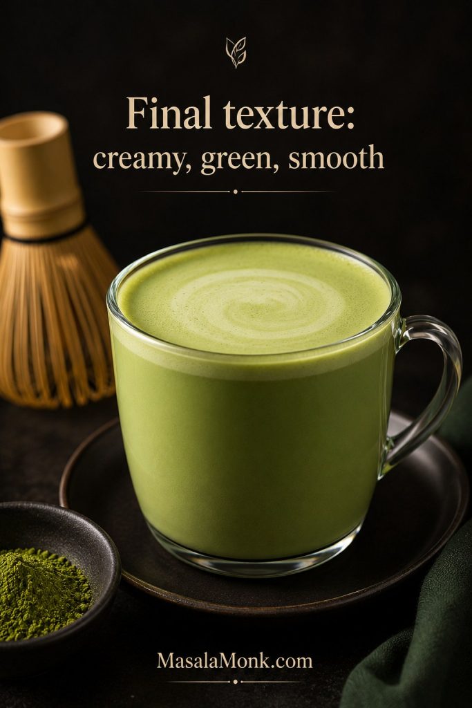 Finished hot matcha latte with creamy green texture, light foam, matcha powder, and bamboo whisk.