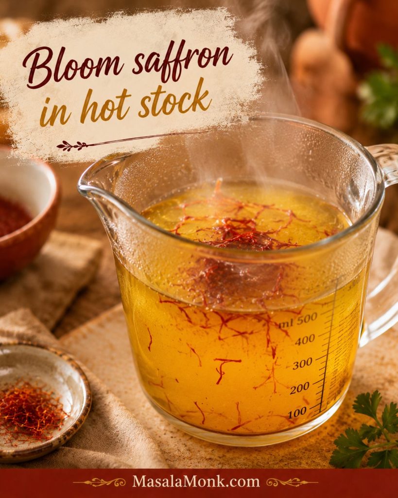 Saffron threads blooming in hot chicken stock inside a clear measuring jug for chicken and chorizo paella.