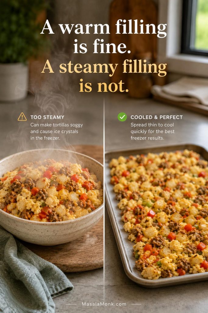 Hot breakfast burrito filling in a deep bowl compared with cooled filling spread on a sheet pan before wrapping.