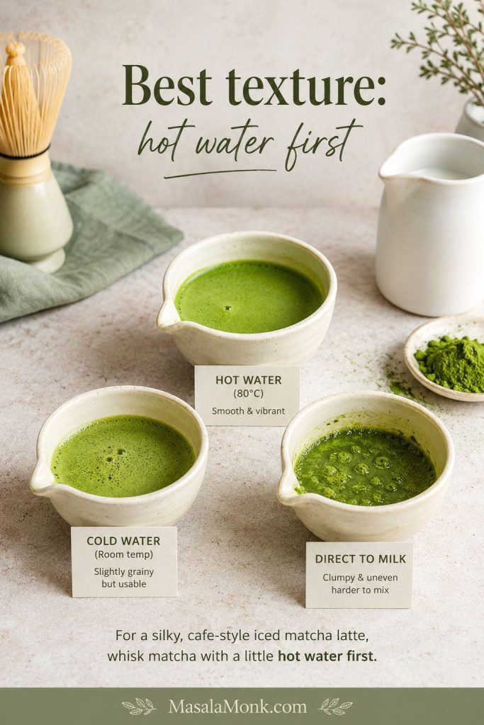 Three matcha mixing methods showing hot water, cold water, and direct-to-milk results