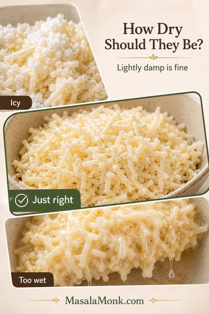 Moisture guide showing icy, lightly damp, and too-wet hash browns before mixing into casserole.
