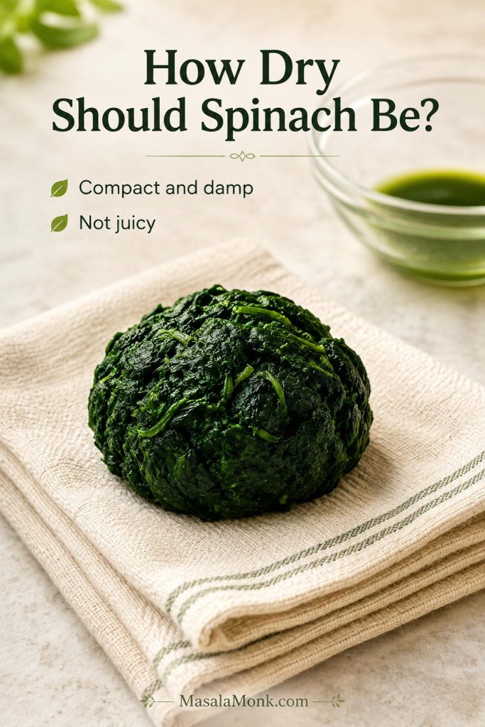 Compact squeezed spinach clump on a kitchen towel showing how dry spinach should be before adding it to dip.