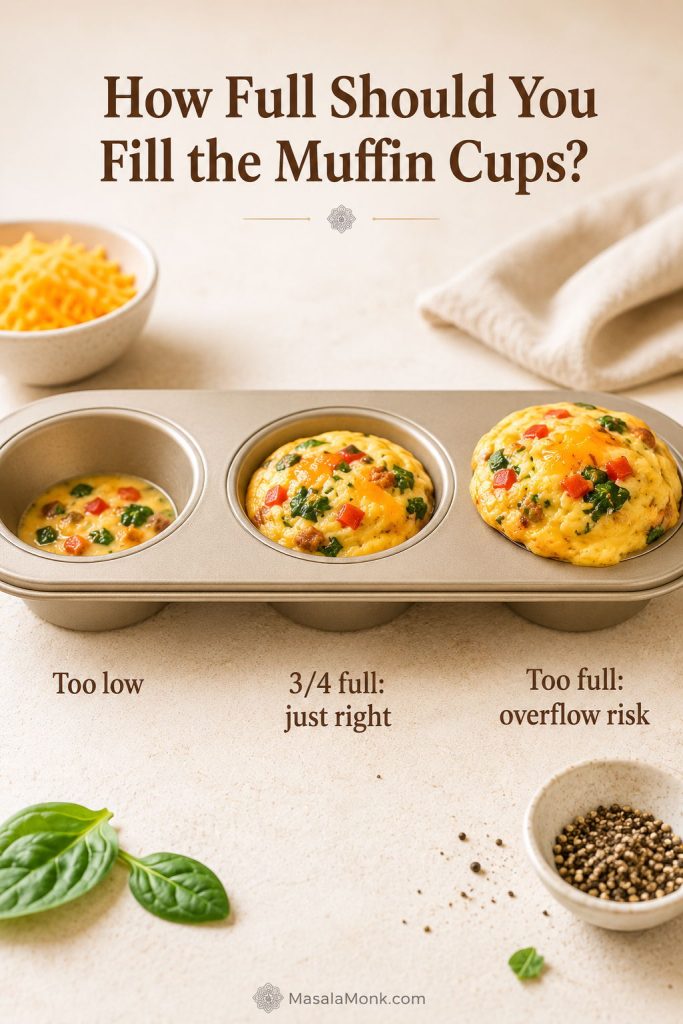 Three muffin cups showing too low, 3/4 full, and too full levels for egg muffin cups.