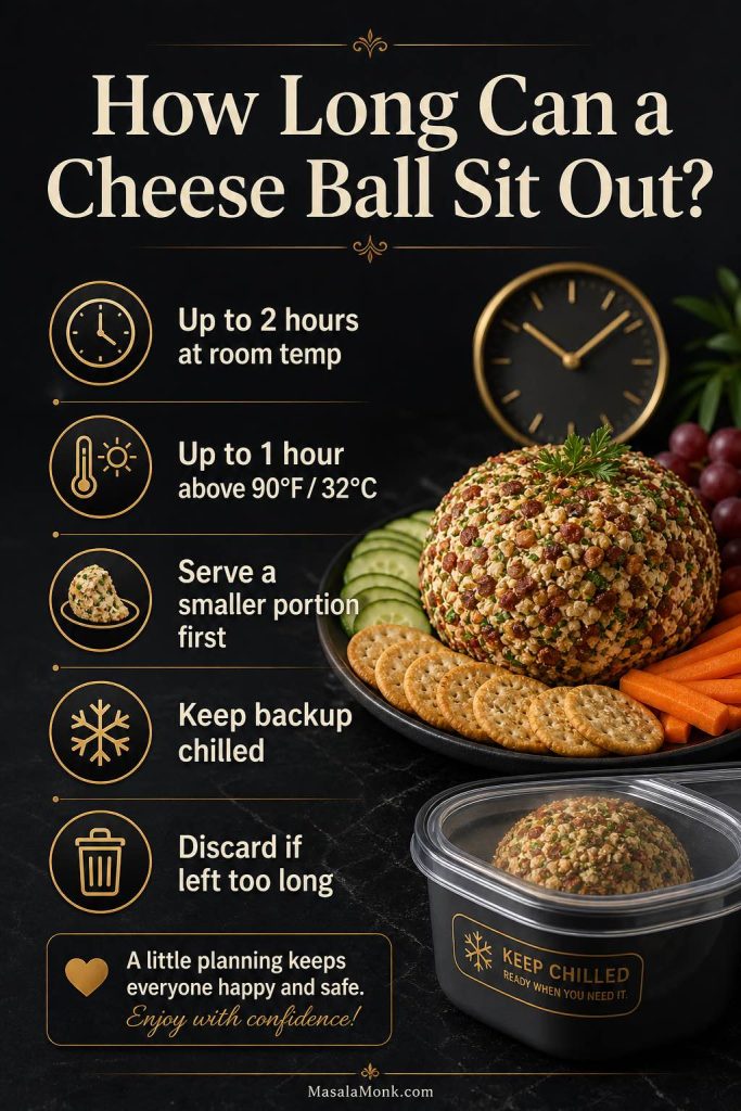 Food safety guide showing a cheese ball platter with a clock and chilled backup container, explaining that a cheese ball can sit out up to 2 hours at room temperature or 1 hour above 90°F or 32°C.