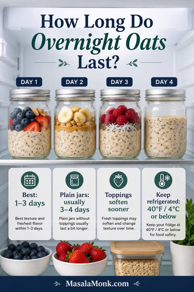 Overnight oats storage timeline showing jars for day 1 through day 4, best texture in 1 to 3 days, and refrigeration at 40°F or 4°C.