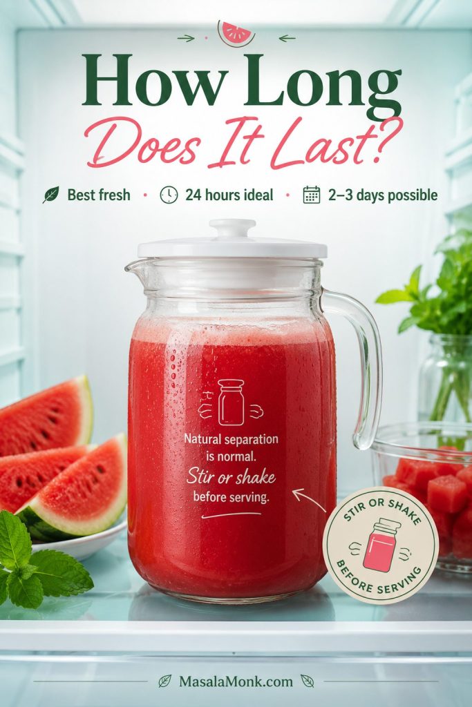 Storage guide for watermelon juice in a covered jar showing best fresh, 24 hours ideal, and 2 to 3 days possible.