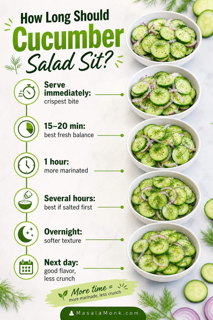 Timing guide showing how cucumber salad changes from immediate serving to 15–20 minutes, 1 hour, overnight, and the next day.