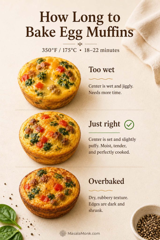Egg muffin bake-time guide showing wet, just-set, and overbaked textures with a 350°F and 18 to 22 minute cue.