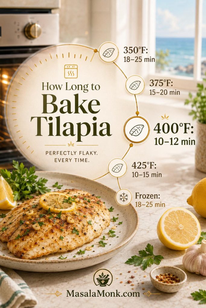 Oven temperature chart for baked tilapia showing times for 350°F, 375°F, 400°F, 425°F, and frozen fillets.