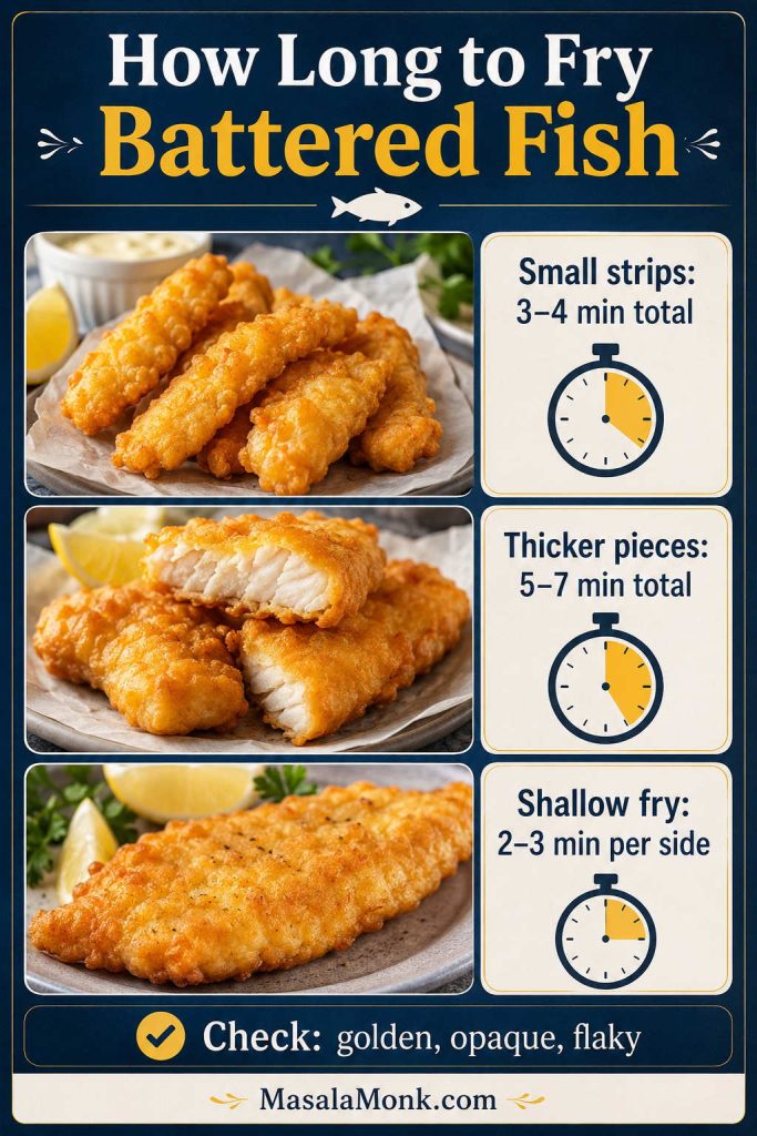 Timing guide for battered fish showing small strips at 3 to 4 minutes, thicker pieces at 5 to 7 minutes, and shallow fry at 2 to 3 minutes per side