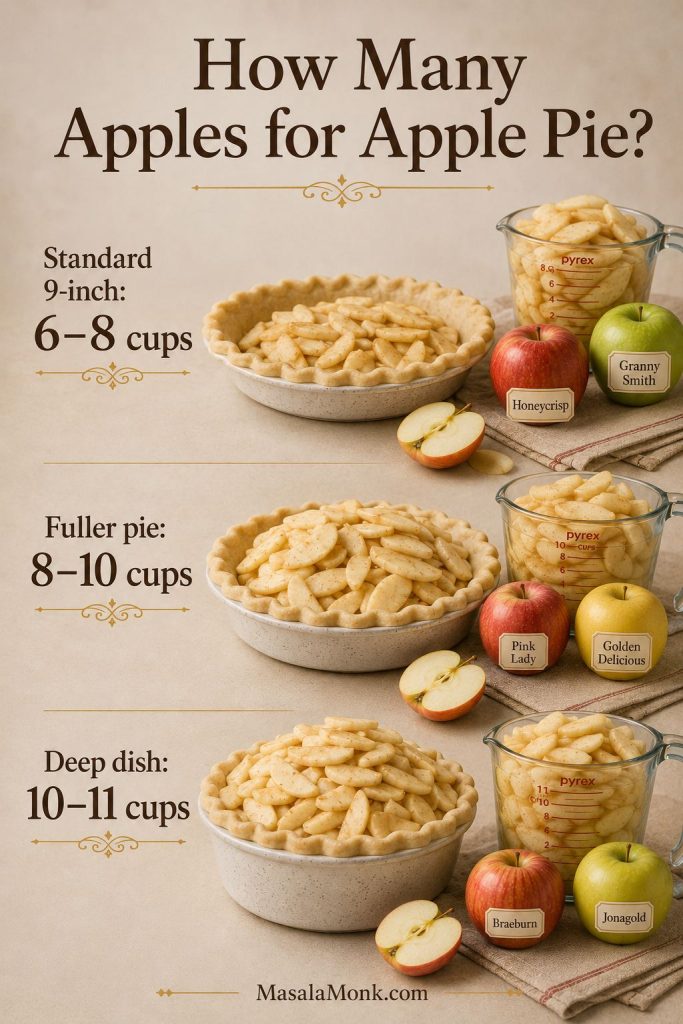 A quantity guide showing apple amounts for a standard 9-inch pie, a fuller pie, and a deep-dish apple pie.
