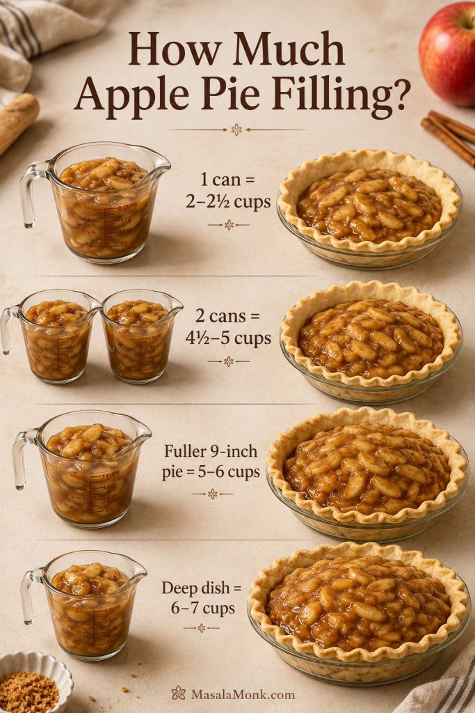 Measurement guide showing how much apple pie filling to use for one pie, including one can, two cans, fuller 9-inch pie, and deep-dish pie amounts.