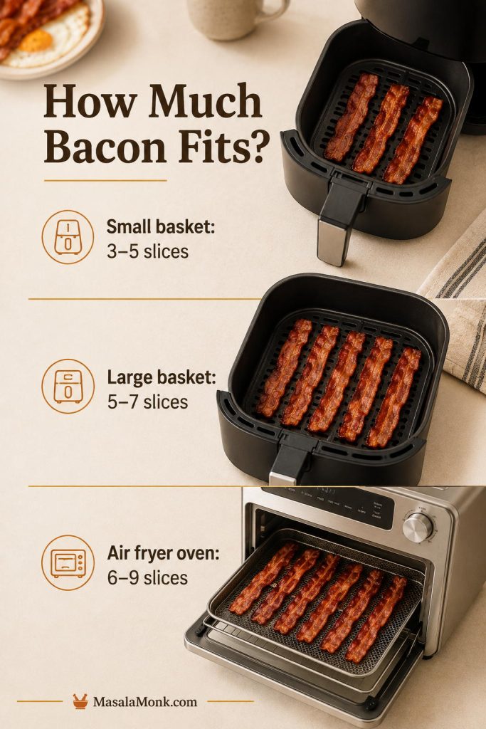 Capacity guide showing small basket, large basket, and air fryer oven with different amounts of bacon.