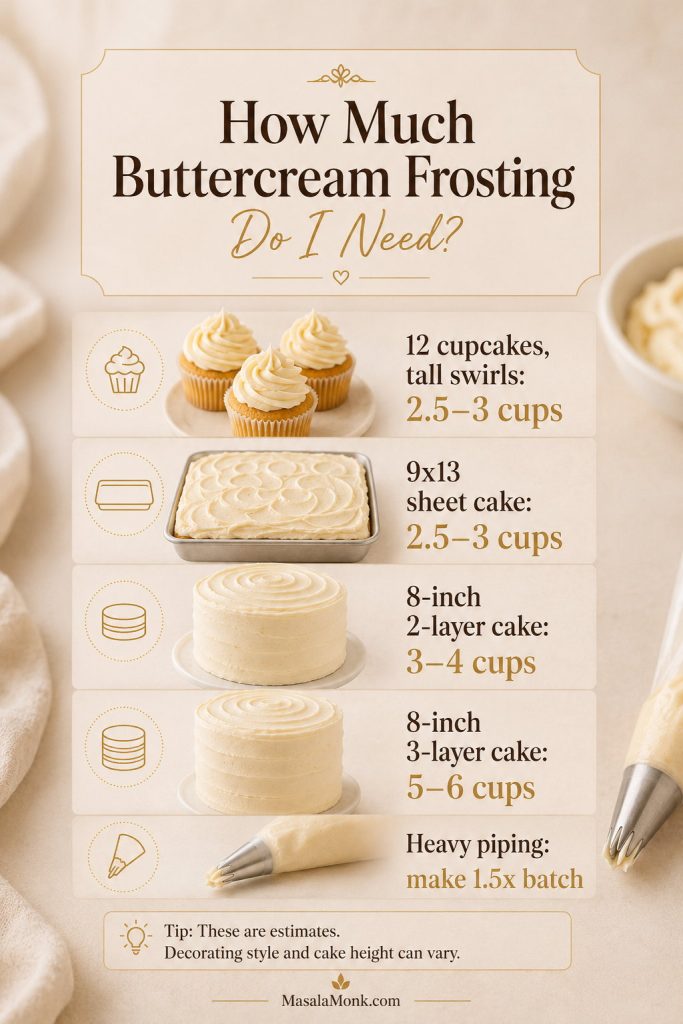 Buttercream quantity guide for cupcakes, sheet cakes, two-layer cakes, three-layer cakes, and heavy piping.