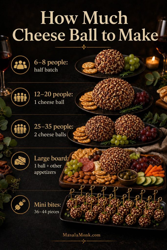 Serving guide showing how much cheese ball to make for different group sizes, including half a batch for 6 to 8 people, one cheese ball for 12 to 20, two cheese balls for 25 to 35, one ball plus other appetizers for a large board, and mini bites as another option.