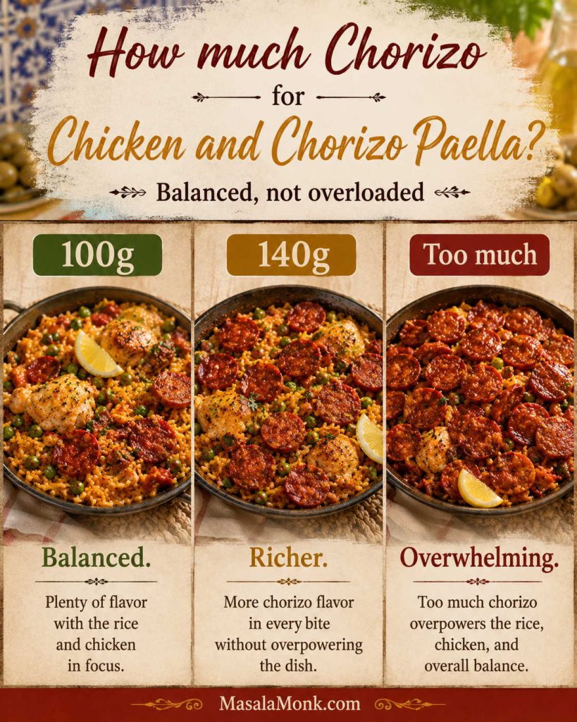 Chorizo amount comparison for paella with balanced 100g chorizo, richer 140g chorizo and an overloaded greasy version.