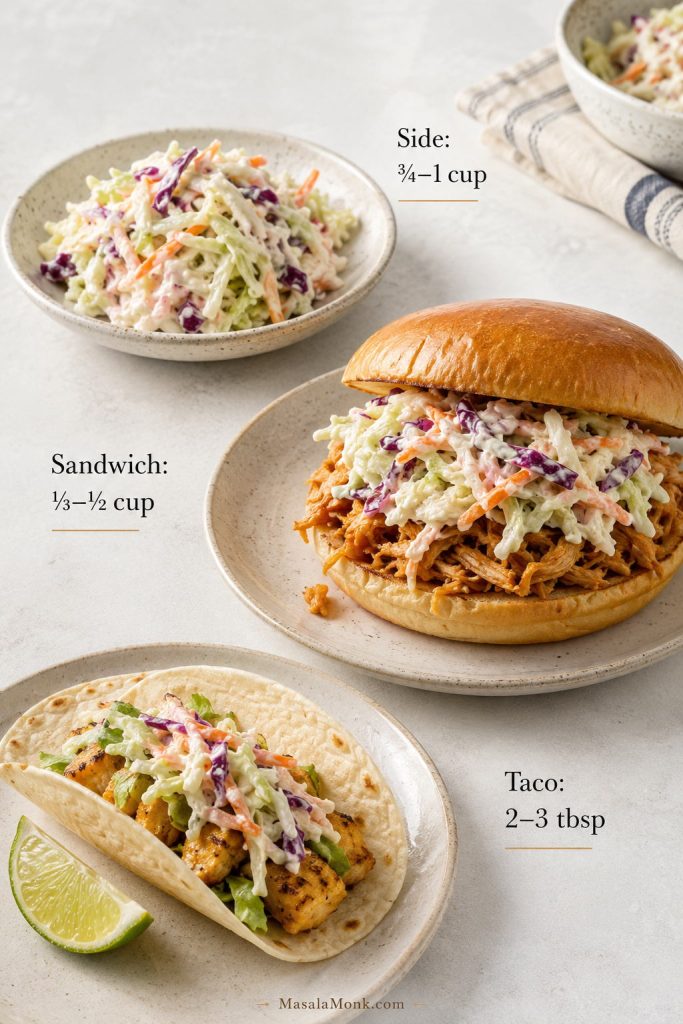 Coleslaw portions shown as a side dish, a sandwich topping, and a taco topping with serving amounts.