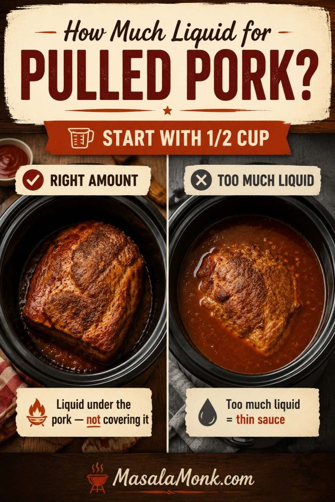 Slow cooker liquid guide comparing a correct 1/2 cup liquid level under pork with a flooded slow cooker that can make sauce thin.
