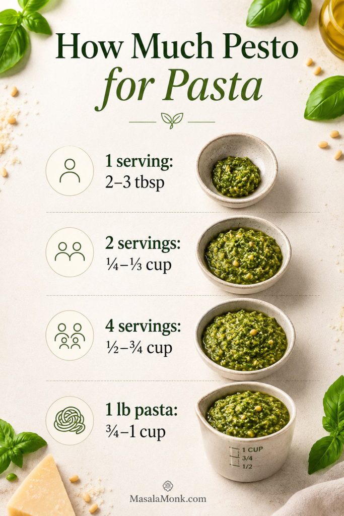Pesto pasta ratio guide showing pesto amounts for 1 serving, 2 servings, 4 servings and 1 pound of pasta