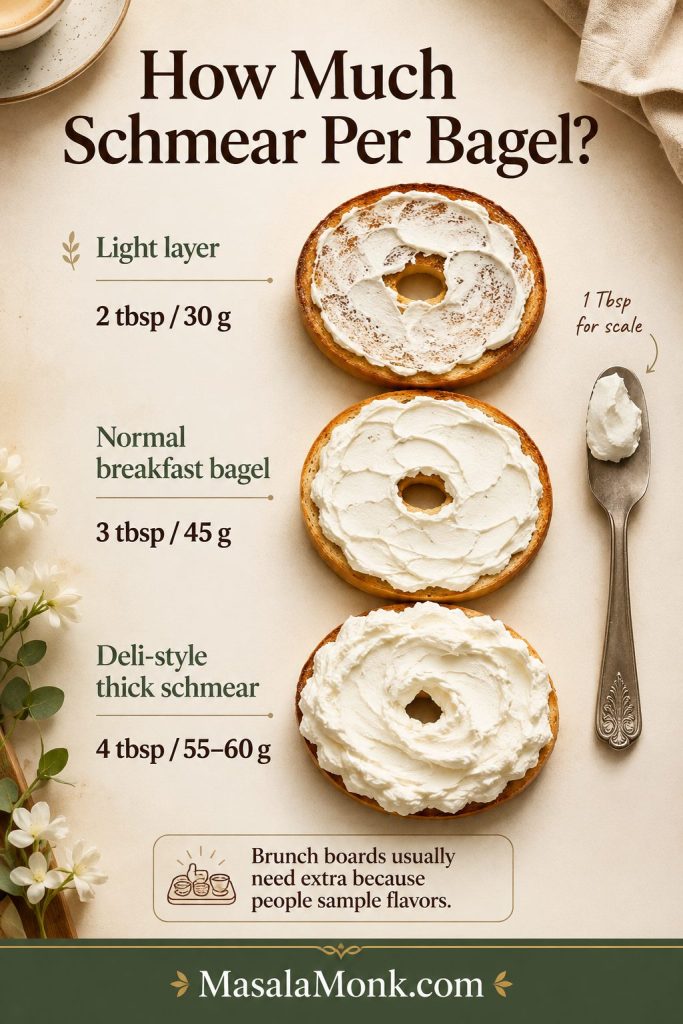 Schmear amount guide showing light, normal, and deli-style cream cheese layers on toasted bagel halves.