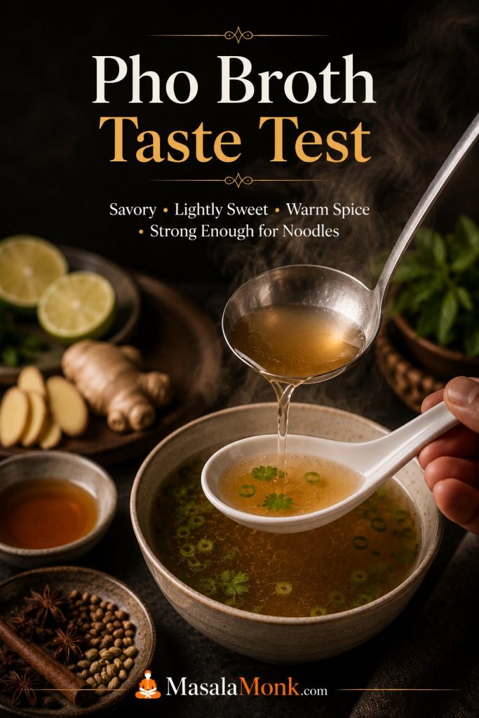Clear pho broth being tasted from a spoon beside fish sauce, lime, spices, and aromatics.