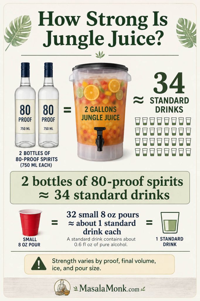 Alcohol strength guide showing two 750 ml bottles of 80-proof spirits, a 2-gallon jungle juice dispenser, standard drink icons, and 8-ounce pours.