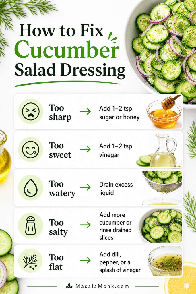 Troubleshooting board showing fixes for cucumber salad dressing that is too sharp, too sweet, too watery, too salty, or too flat.