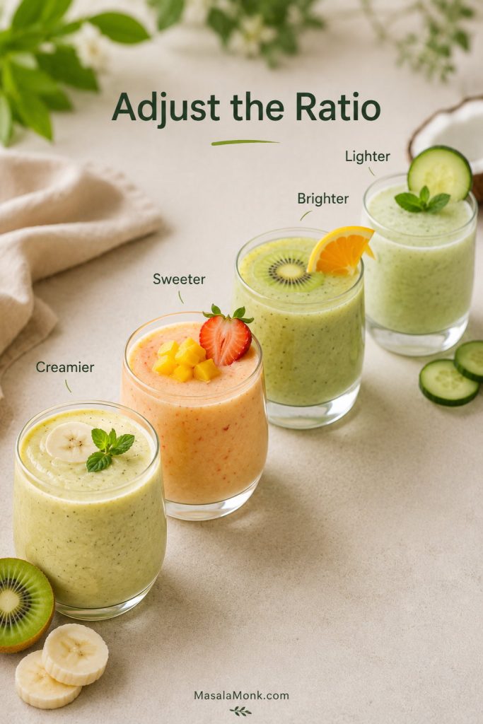 Four kiwi smoothie glasses showing creamier, sweeter, brighter, and lighter adjustment options