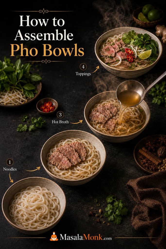 Pho bowl assembly sequence showing noodles, beef, hot broth, and fresh toppings added in order.