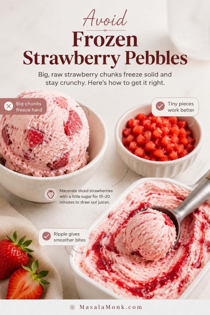 Guide showing large frozen strawberry chunks, tiny macerated strawberry pieces, and strawberry ripple in ice cream