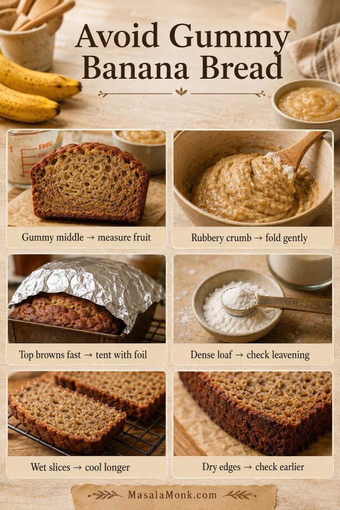 Troubleshooting board for gummy banana bread, showing fixes for gummy middle, rubbery crumb, fast browning, dense loaf, wet slices, and dry edges.