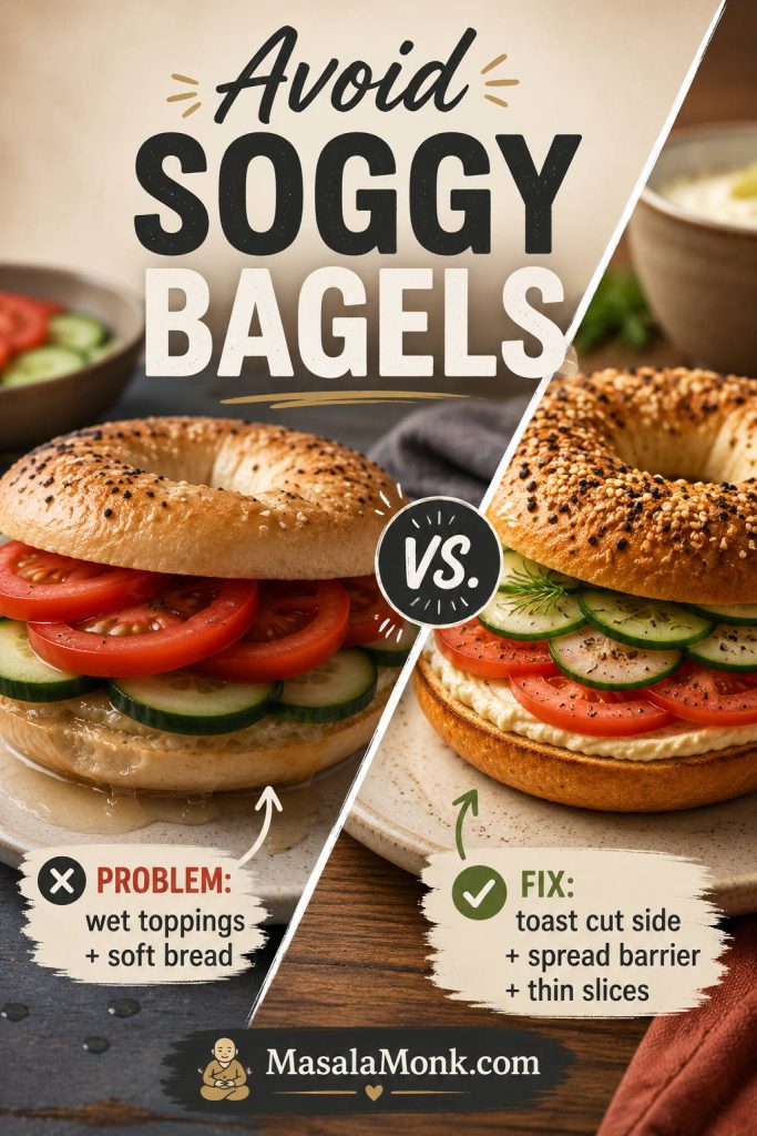 Before-and-after comparison showing a soggy bagel and a better bagel with toasted bread, a spread barrier, and thin tomato slices.