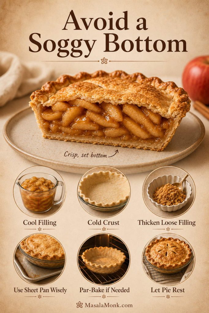 Guide showing how to avoid soggy bottom apple pie crust with cooled filling, cold crust, thickener, sheet pan guidance, par-baking, and resting time.