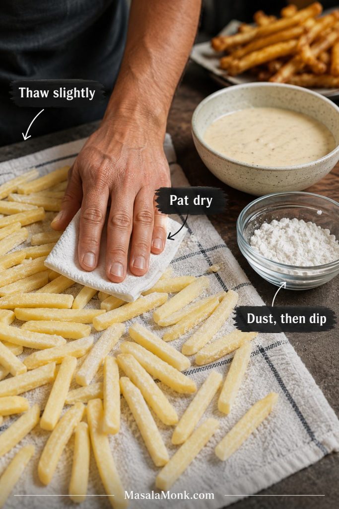 Frozen fries being thawed slightly, patted dry, dusted with starch, and prepared for battering.