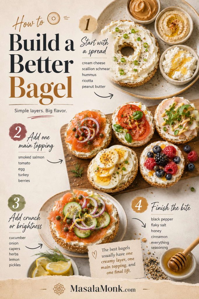 Step-by-step bagel-building guide with a spread, main topping, crunch or brightness, and final seasoning.