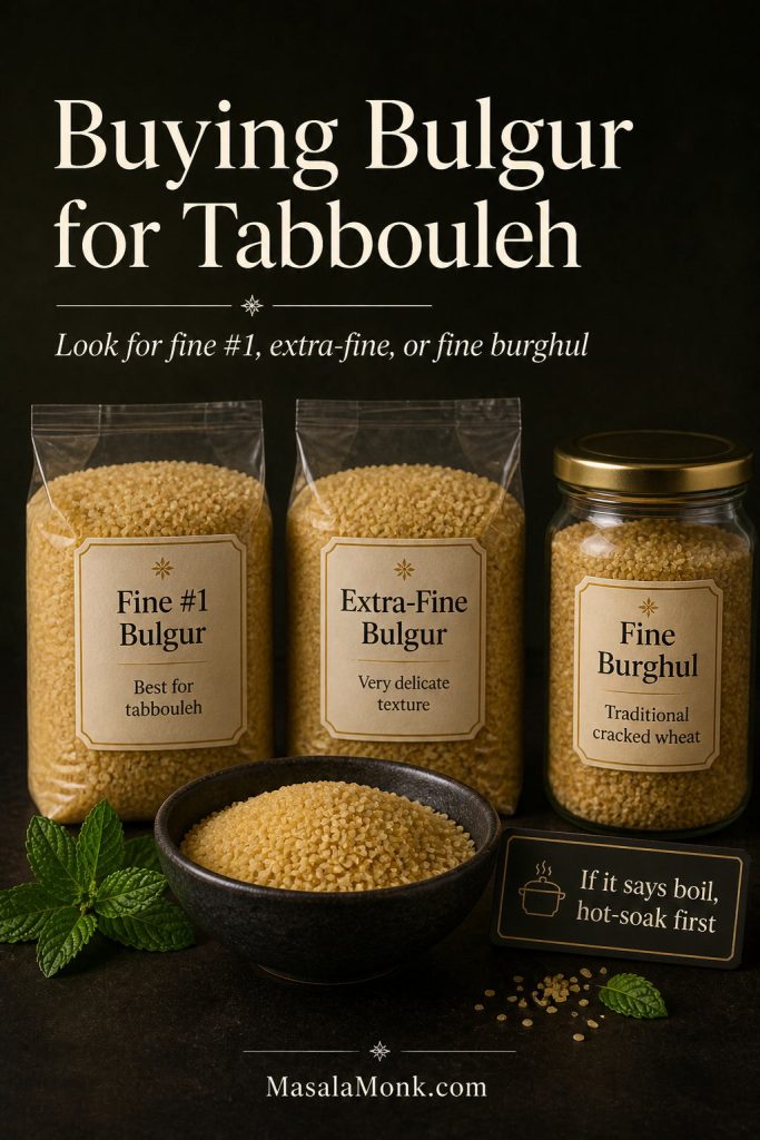 A shopping guide graphic with bags or jars labeled fine #1 bulgur, extra-fine bulgur, and fine burghul for tabbouleh.