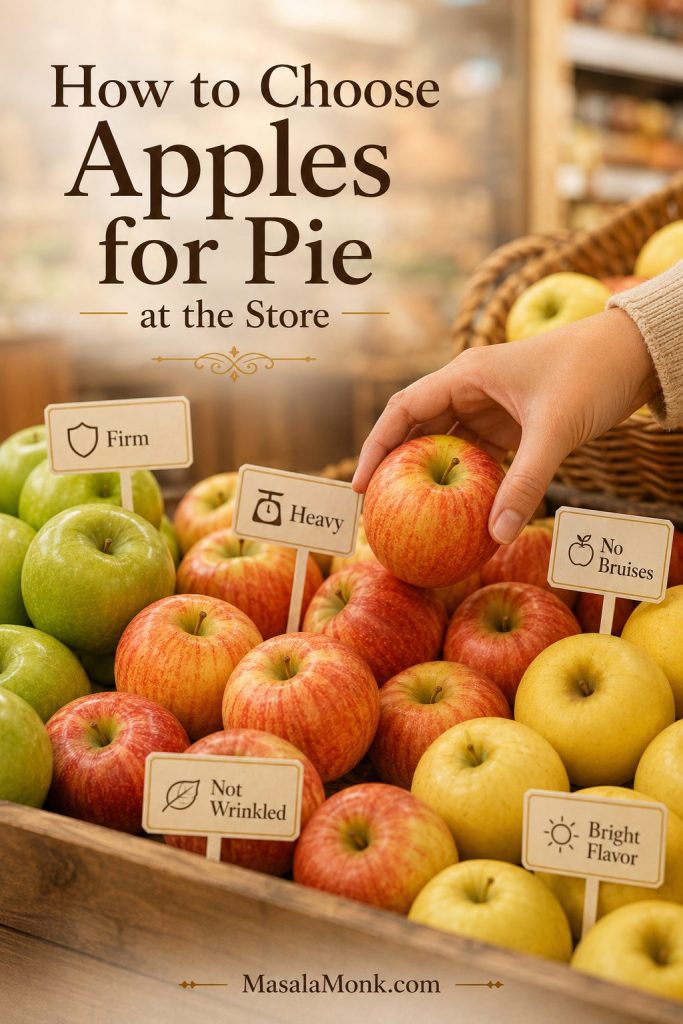 A hand choosing fresh apples from a store display with labels for firm, heavy, no bruises, not wrinkled, and bright flavor.
