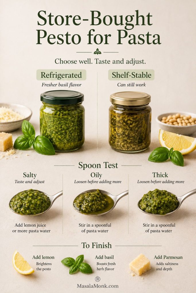 Store-bought pesto guide with refrigerated pesto, shelf-stable pesto, spoon tests and adjustment ingredients