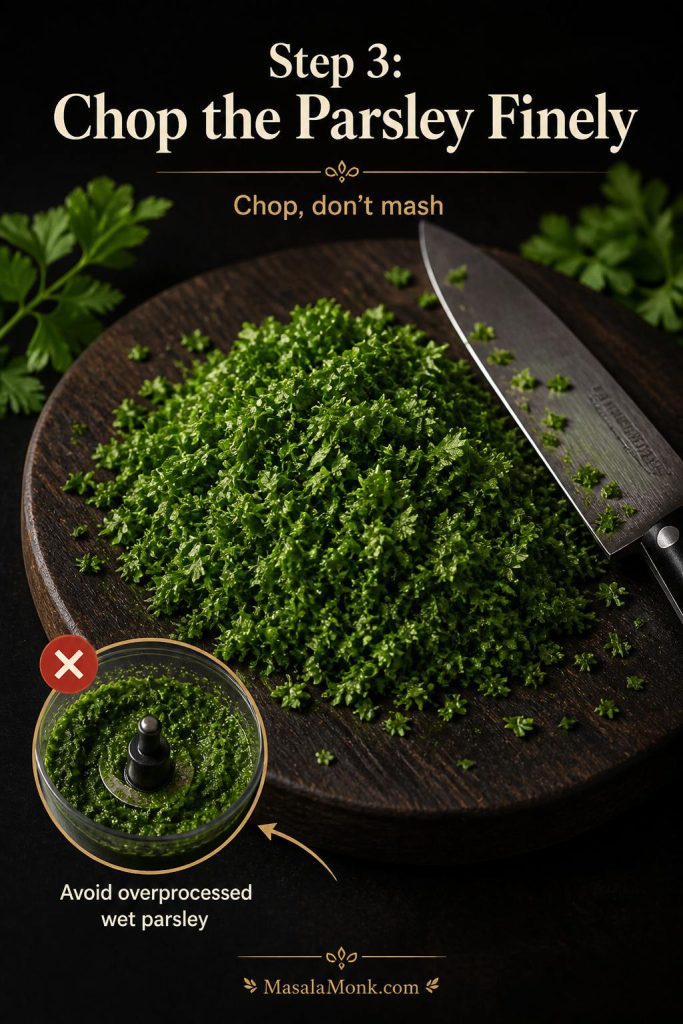 A parsley chopping guide showing finely chopped parsley on a cutting board and an inset warning against overprocessed wet parsley.