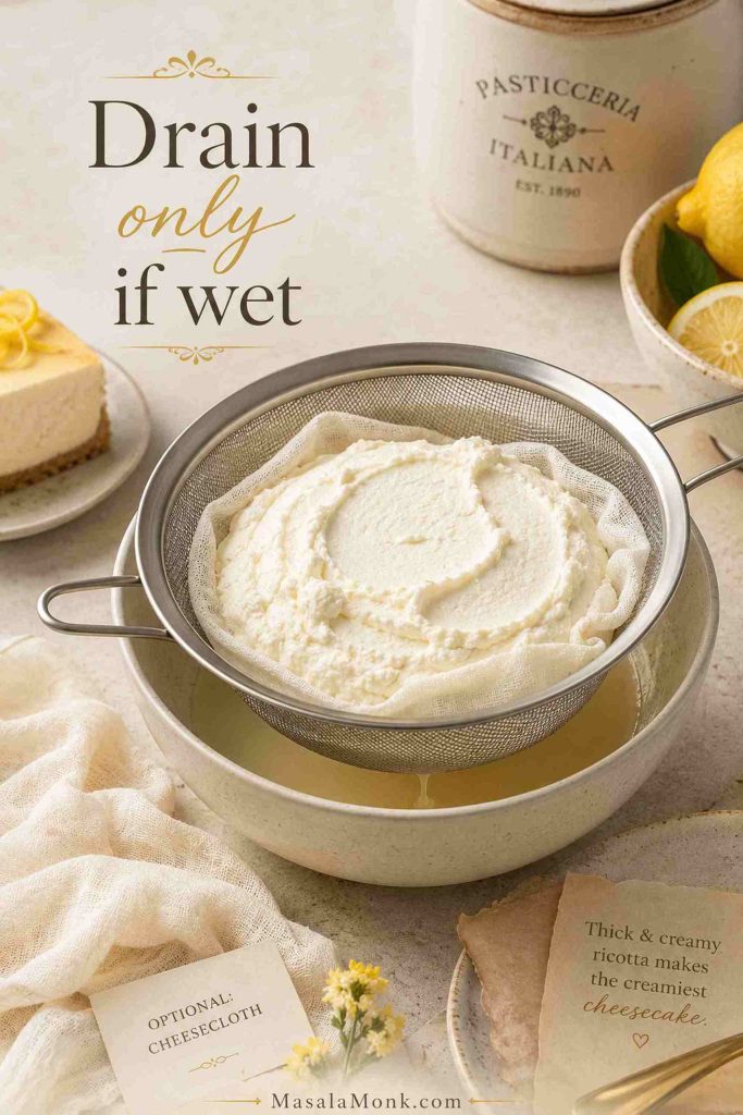 Ricotta draining in a fine-mesh strainer over a bowl with whey collecting underneath