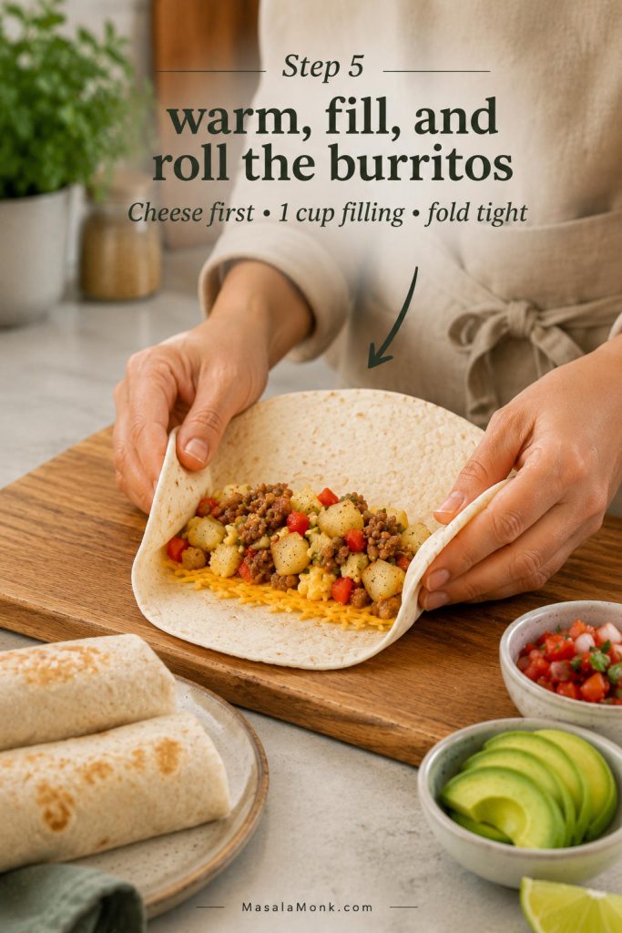 Hands folding a tortilla around cheese and cooled breakfast burrito filling while rolling a freezer breakfast burrito tightly.