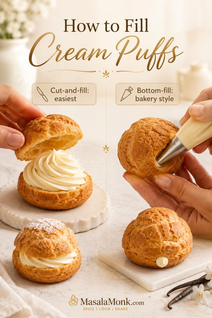 Cut-and-fill and bottom-fill methods for adding cream to cream puff shells.