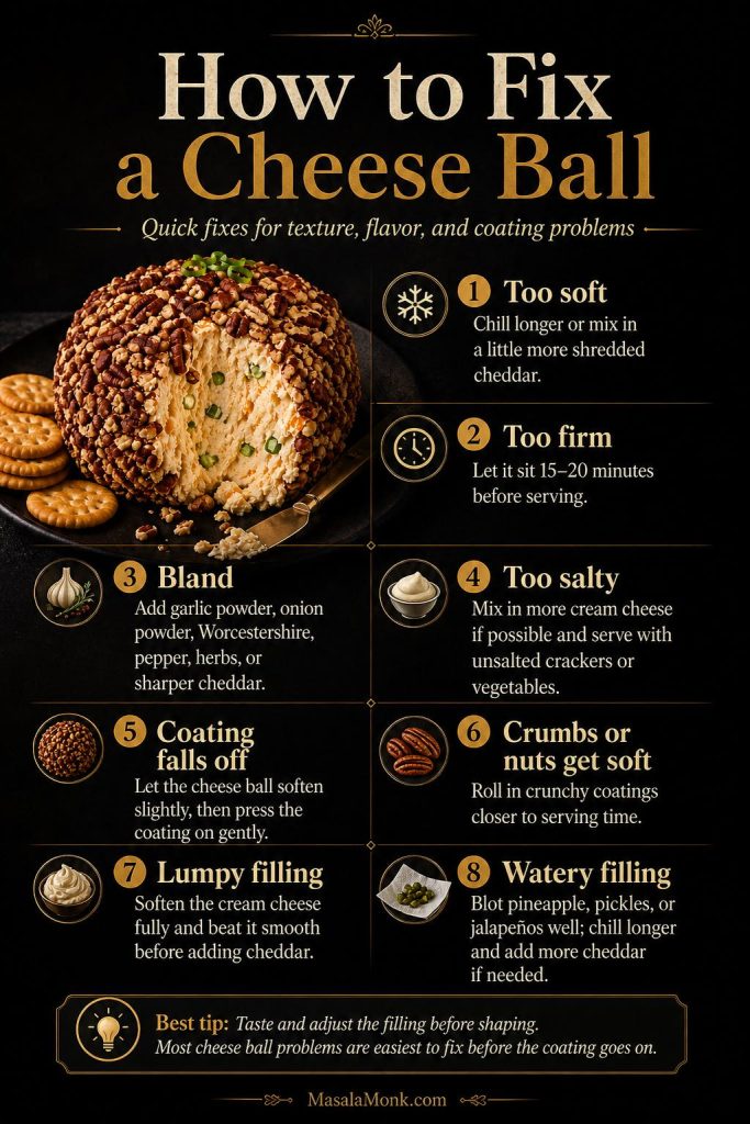 Troubleshooting guide for how to fix a cheese ball, showing a cut pecan-coated cheese ball with crackers and tips for fixing a cheese ball that is too soft, too firm, bland, too salty, lumpy, watery, or has coating that falls off.