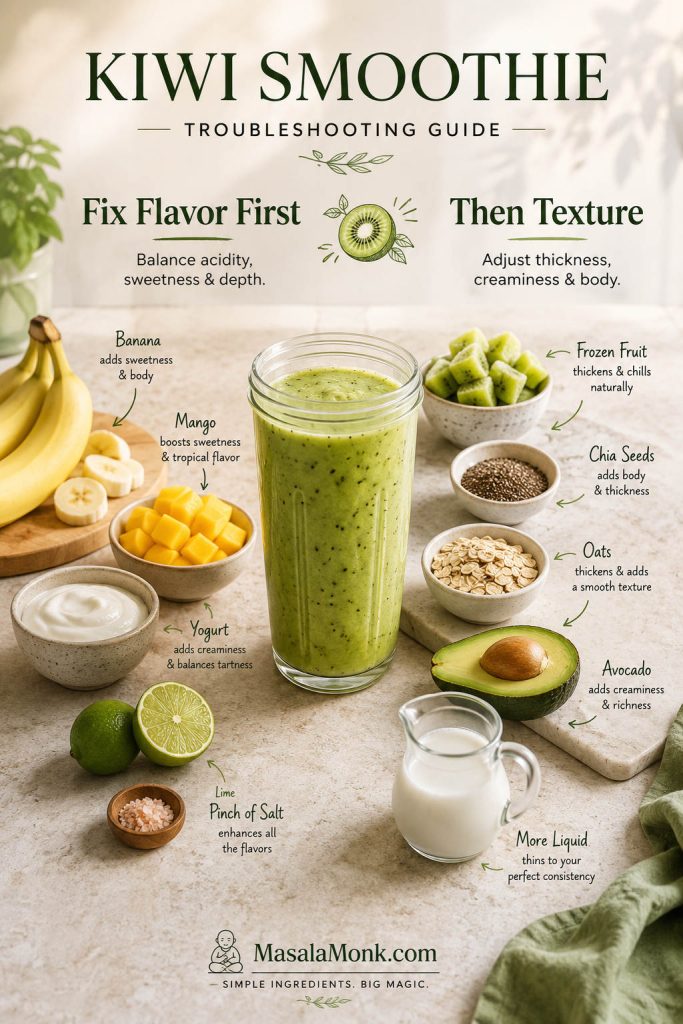 Kiwi smoothie troubleshooting scene with small glasses labeled sour, thin, thick, flat, and watery