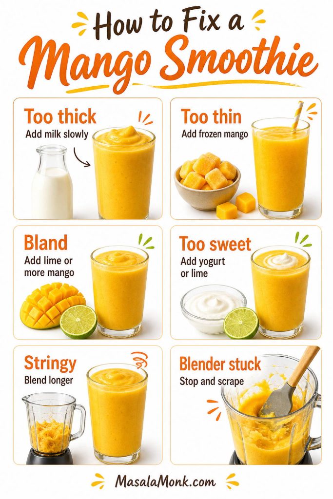 Troubleshooting guide for fixing a mango smoothie that is too thick, too thin, bland, too sweet, stringy, or stuck in the blender.
